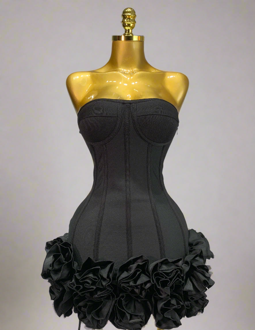 Womens strapless flower embellished mini dress in black