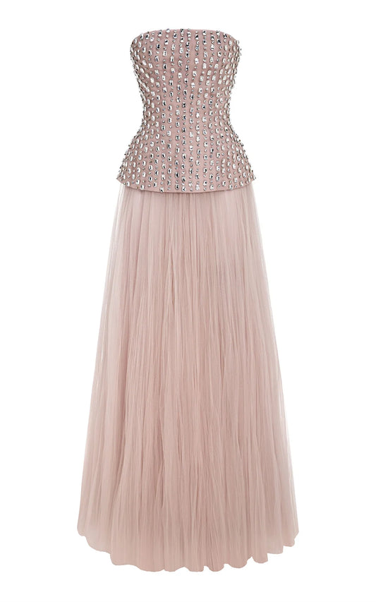 Full front view of crystal embellished two-piece evening gown