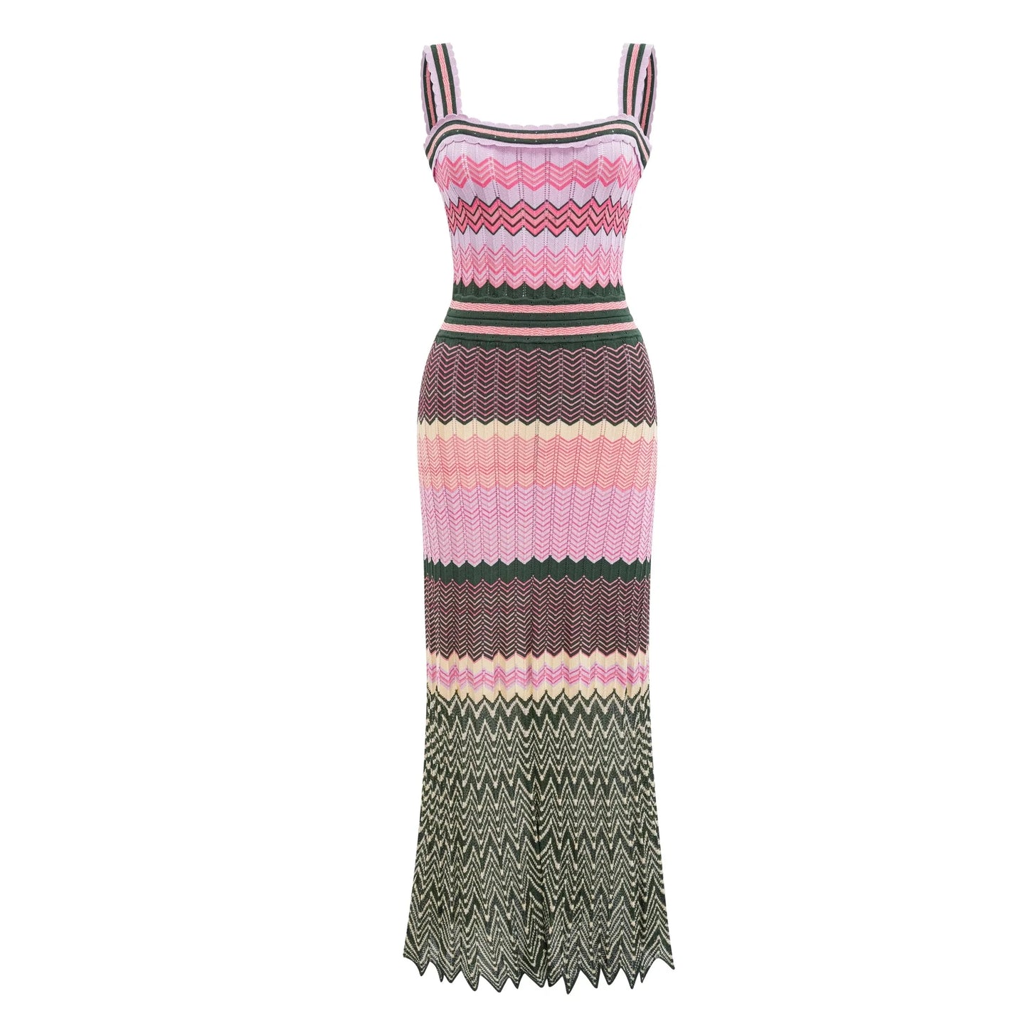 Full-size front view of sleeveless chevron knit midi dress
