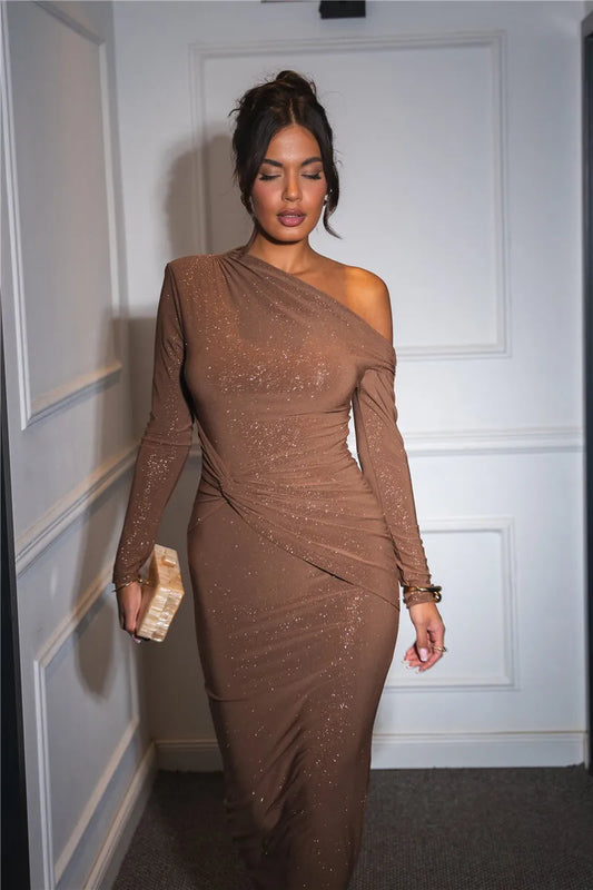 Long Sleeve One-Shoulder Bodycon Ruched Maxi Dress
