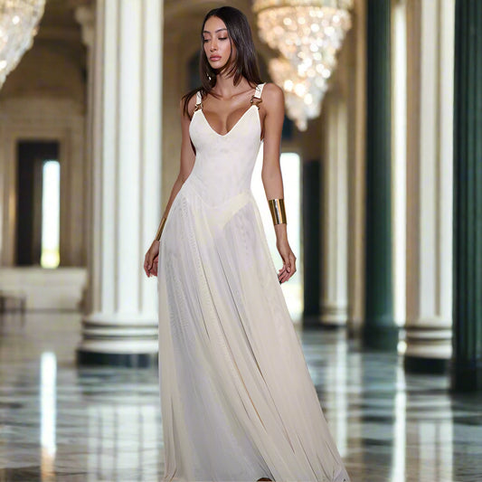 Full length view of transparent mesh dress in white