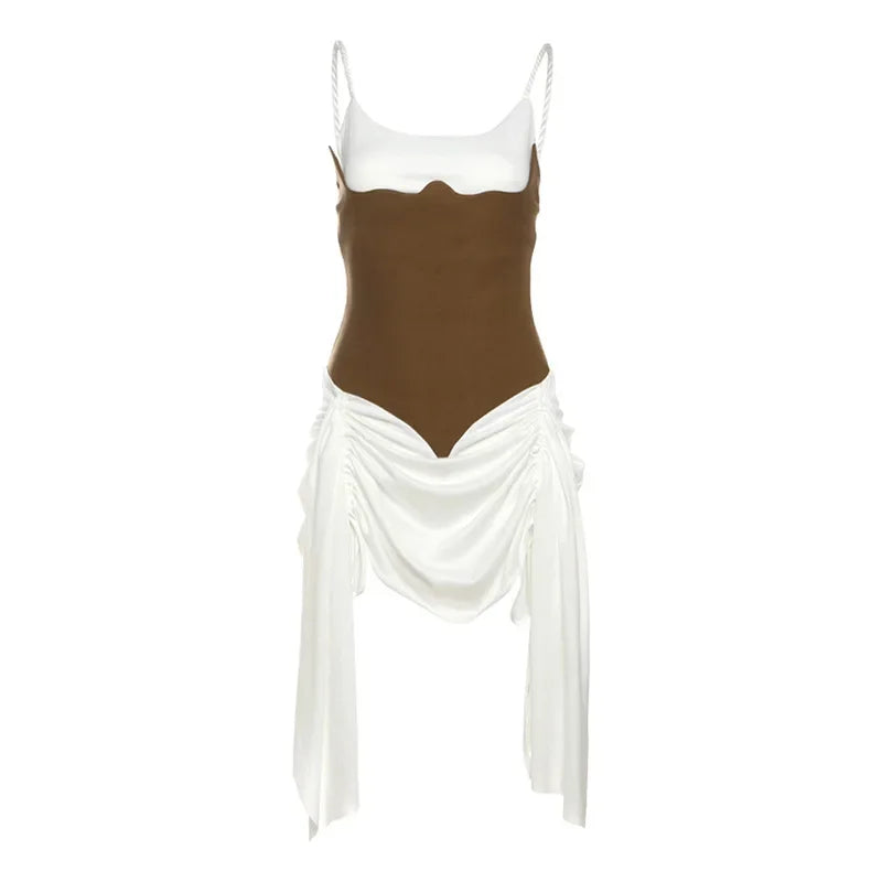Laced-Up Corset Mini Dress in Brown laid flat showing fabric texture, braided straps, and lace-up back detail