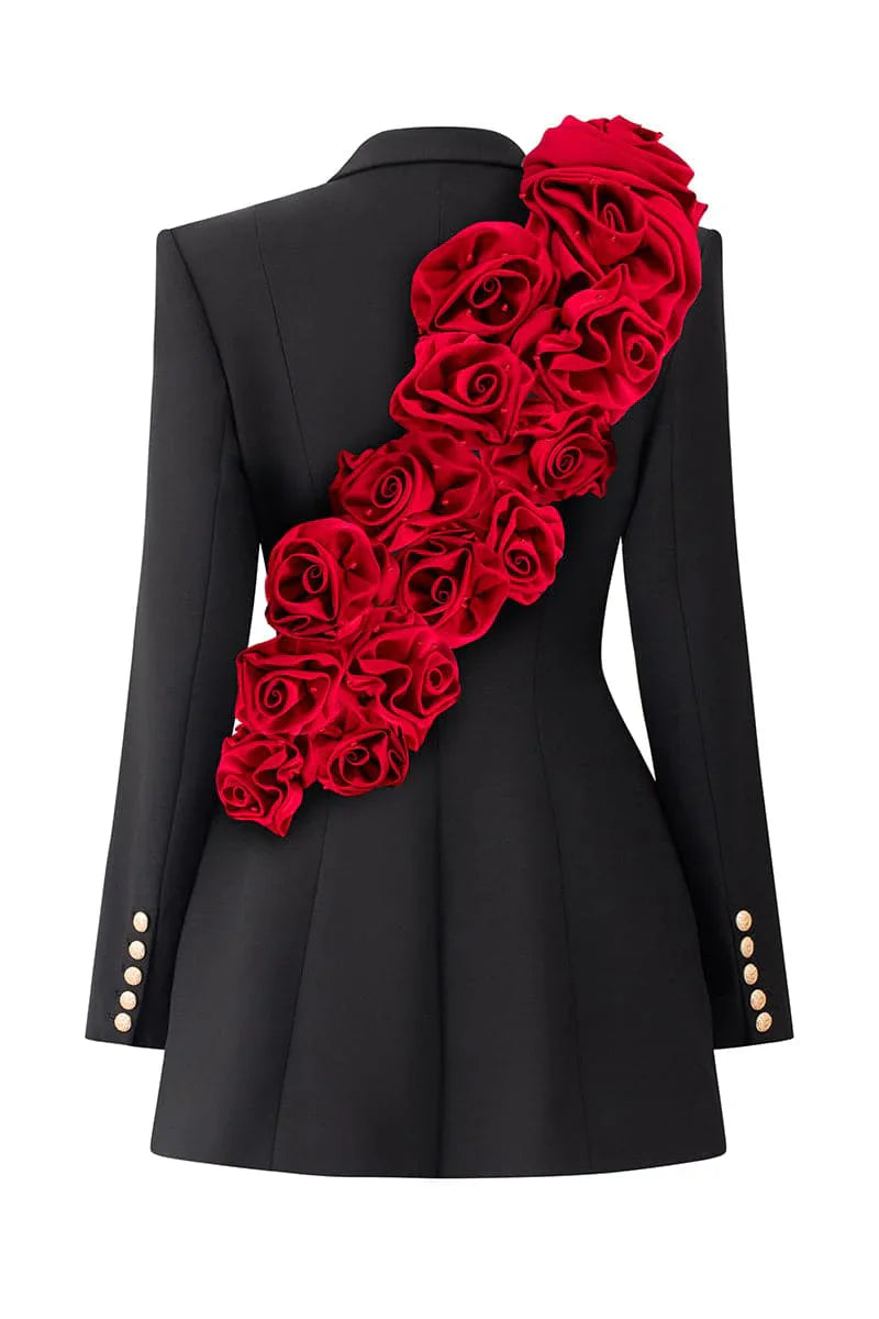 "Back view of womens blazer dress on dress form showing red flower embellishment details