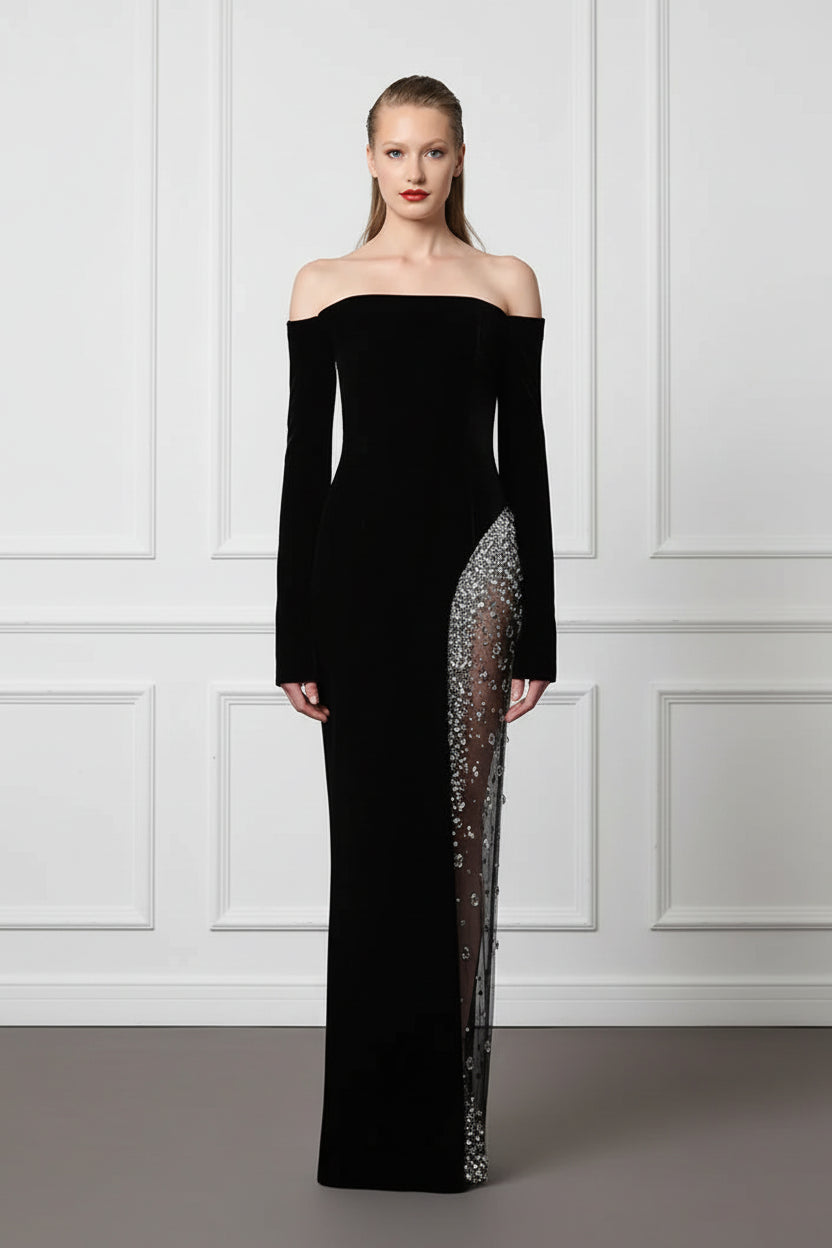 Black rhinestone beaded off-shoulder maxi dress - front view