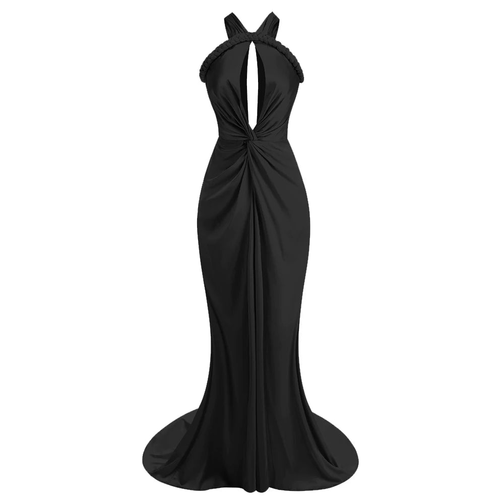 Luxury satin fabric detail on asymmetrical strappy evening gown in black