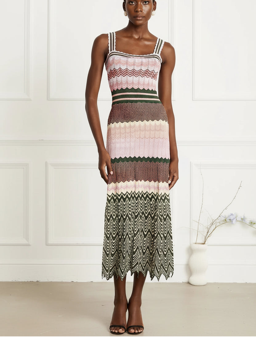 Full-size front view of sleeveless chevron knit midi dress on model

