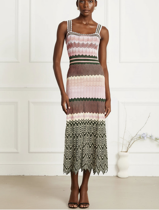 Full-size front view of sleeveless chevron knit midi dress on model

