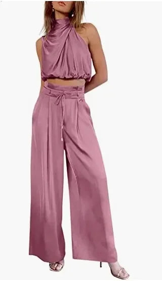 Pink pleated wide leg pants and crop top set with A-line silhouette"