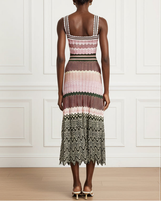 Full-size back view of chevron knit midi dress on model