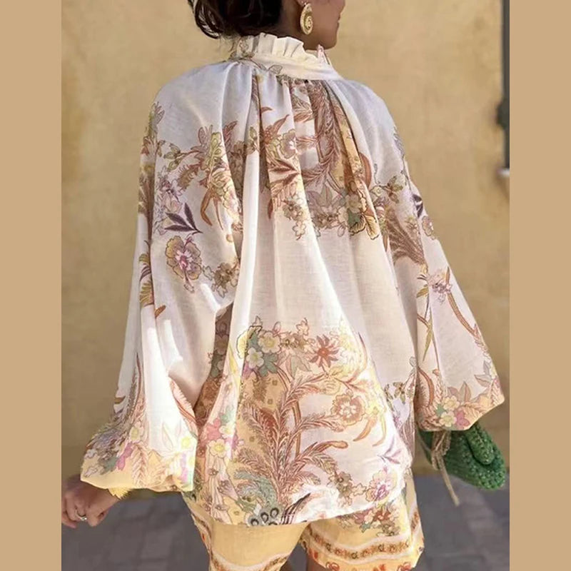Back view of womens floral shorts set showing loose comfortable fit