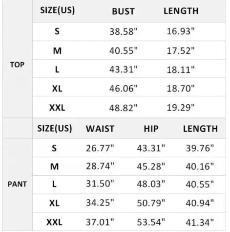 Size chart for pleated wide leg pants and crop top set measurements and fit guide