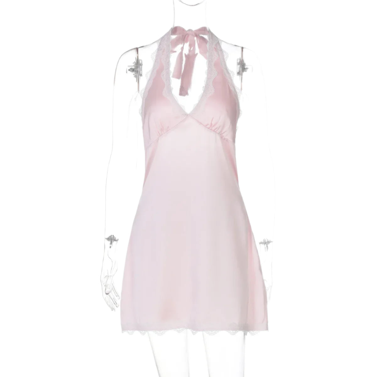 Close-up of halter neckline and lace detail trim 