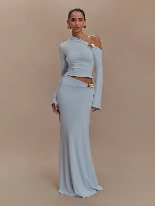 Women's two-piece maxi skirt and crop top set in blue