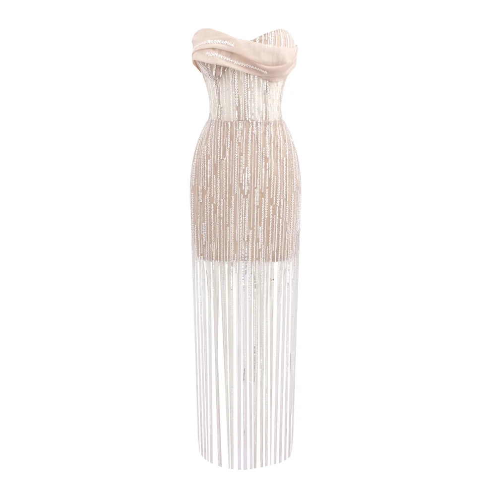 Strapless beaded and sequined tassel dress displayed on dress form showing intricate detailing