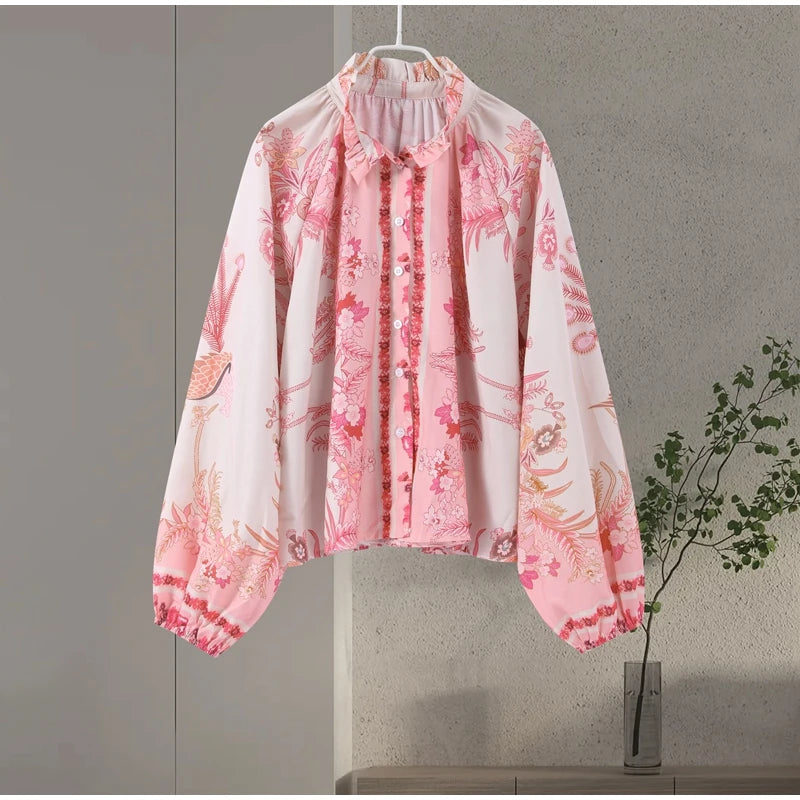 Floral print button-up top with lantern sleeves in pink