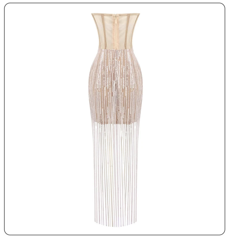 Dress form displaying sequined tassel mini dress with empire waistline and sheath silhouette