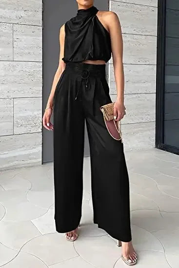 Black pleated wide leg pants and crop top set perfect for casual day out