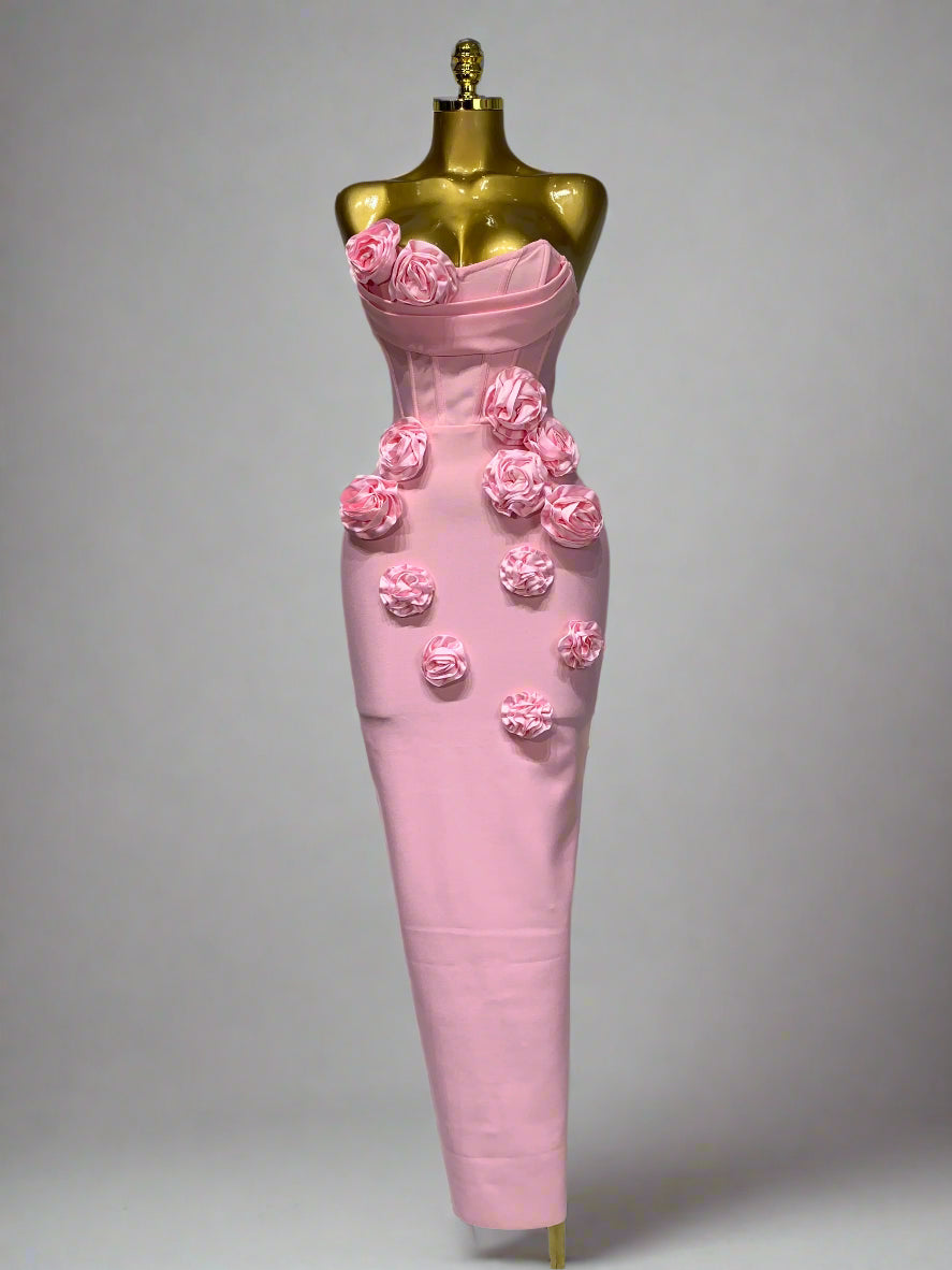Strapless flower appliqué bandage dress in pink