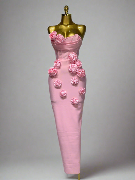 Strapless flower appliqué bandage dress in pink