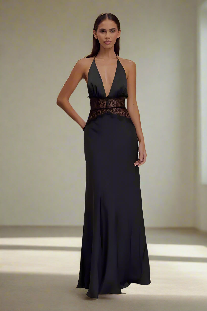 Backless lace halter maxi dress with form-fitting A-line silhouette