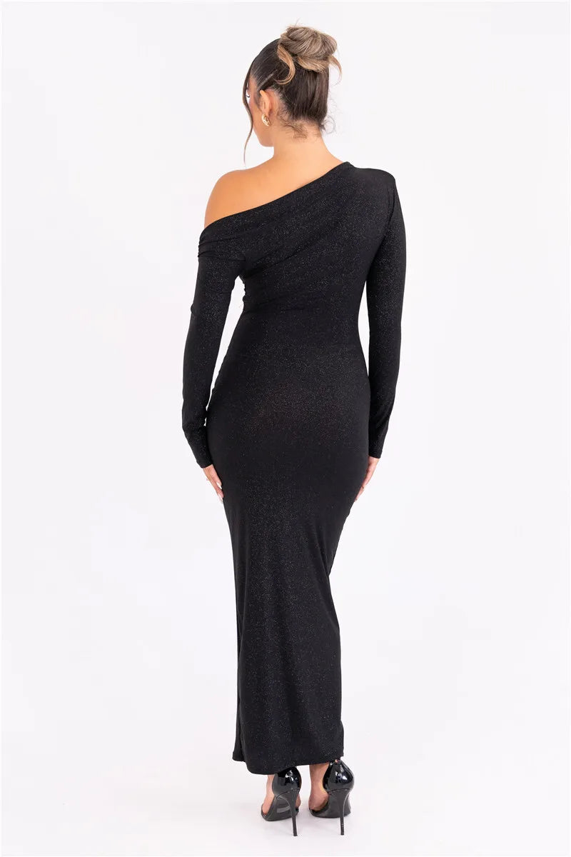 Long Sleeve One-Shoulder Bodycon Ruched Maxi Dress
