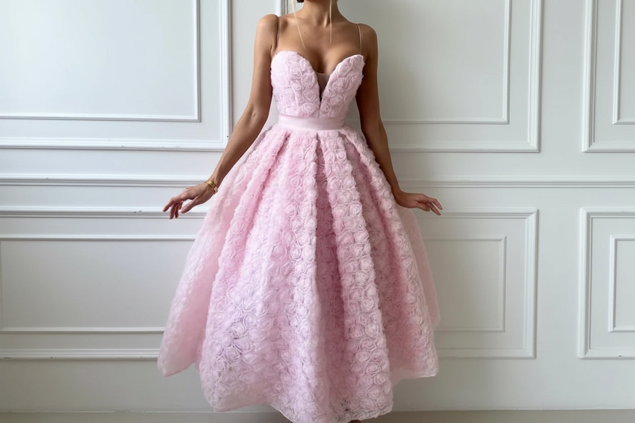 Close-up front view of 3D rosette lace bodice and skirt detail