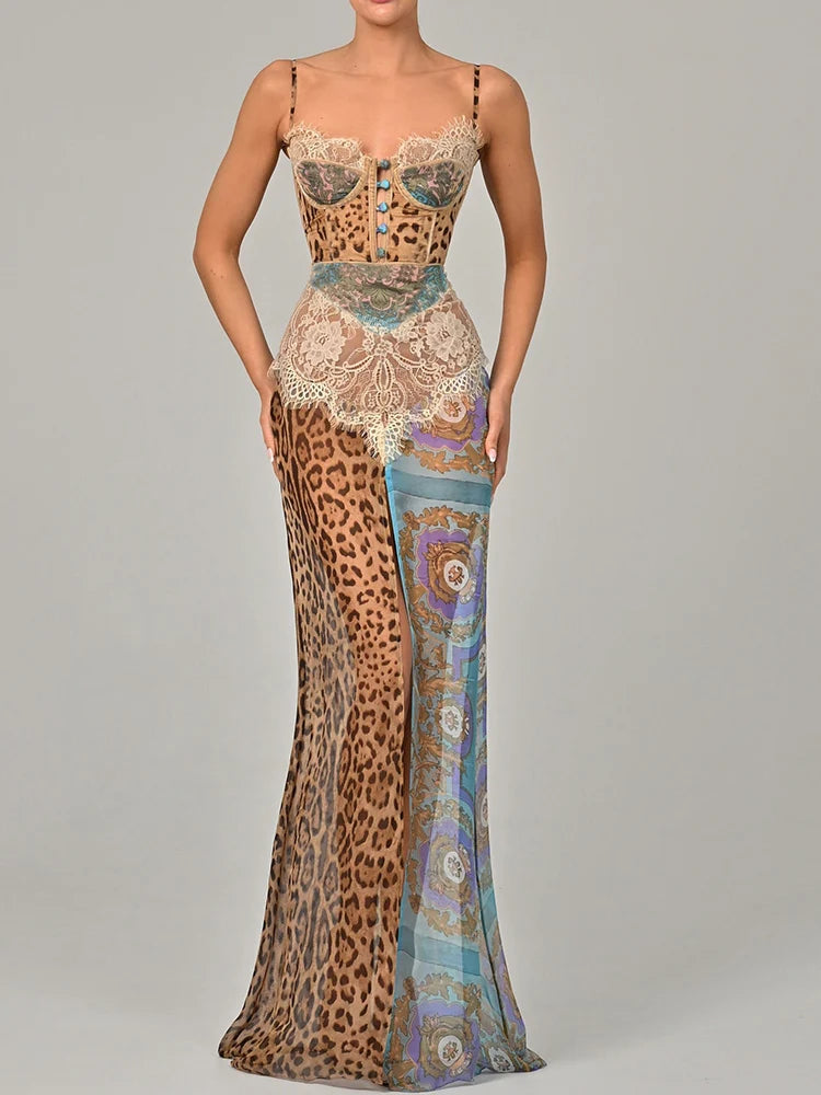 Model wearing chiffon baroque maxi dress with high slit and backless design