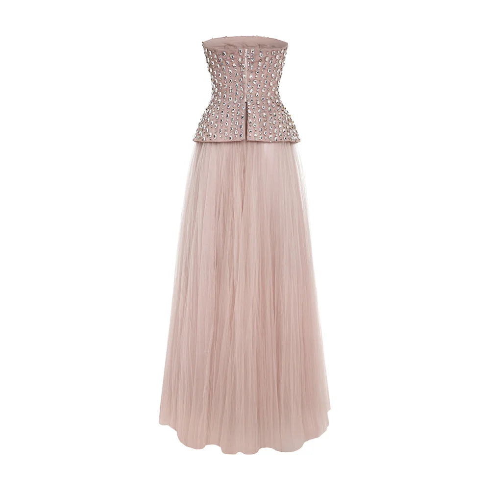  Full back view of strapless ball gown with tulle skirt