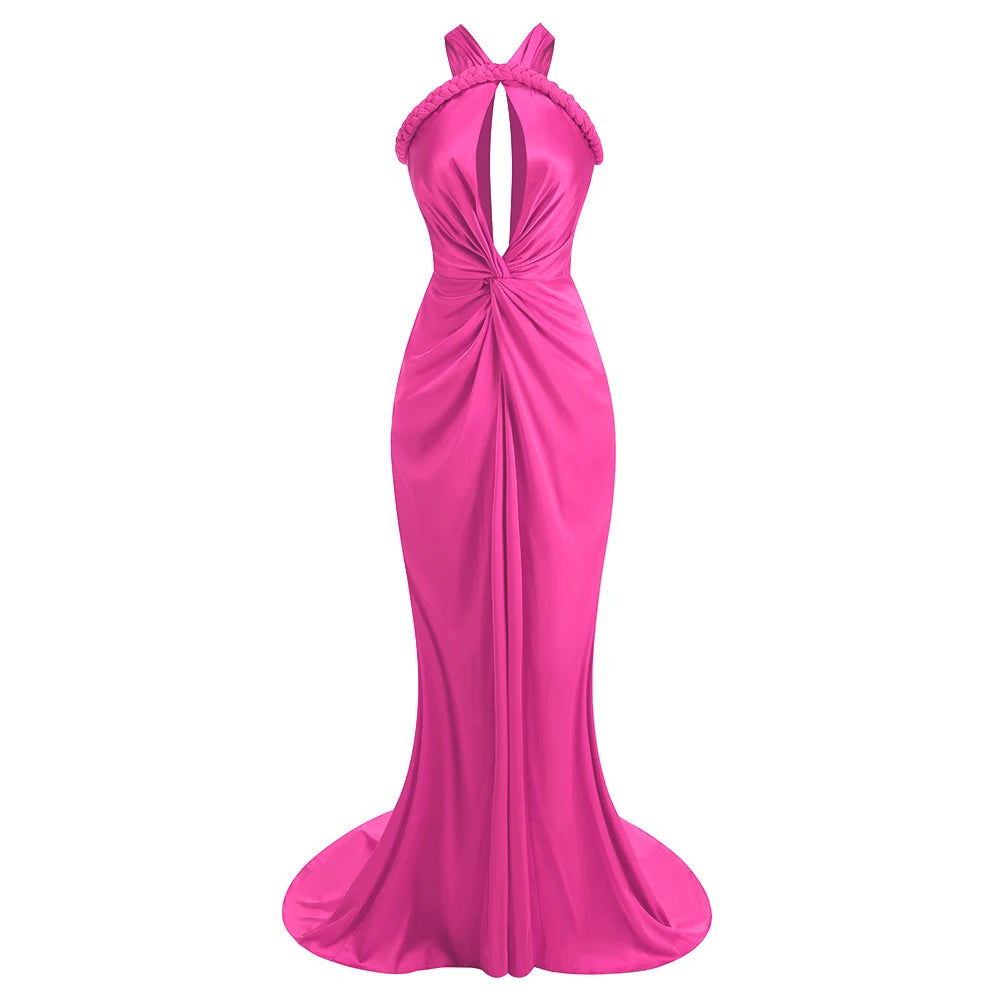 Floor-length asymmetrical satin gown with vintage inspired Hollywood glamour styling in Hot pink